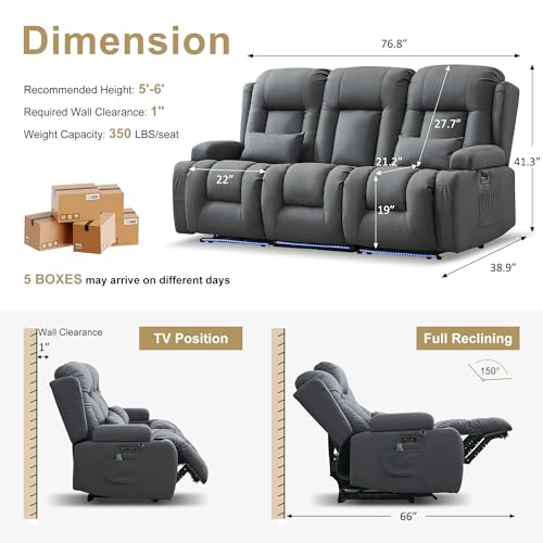 Image of URRED Power Loveseat Recliner Sofa with Massage and Heat, Wall Hugger Reclining Loveseat with Console, RV Couch Home Theater Seating with LED Lights for Living Room (Blue Grey, 76.8 inch - 3 Seats)