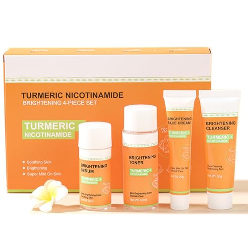 Lot de 4 cadeaux de soins de la peau au curcuma pour femme, format voyage, kit de soins de la peau en quatre étapes contenant un nettoyant pour le visage, un tonique, une crème pour le visage, un