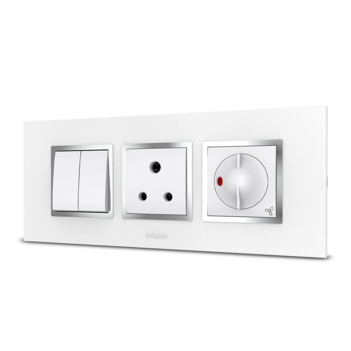 Goldmedal Nixon 1M 10A 2 Switches, 6A 2M Socket & 2M Full Rotary Fan Regulator with Cover Plate – White Goldmedal Nixon 1M 10A 2 Switches, 6A 2M Socket & 2M Full Rotary Fan Regulator with Cover Plate – White