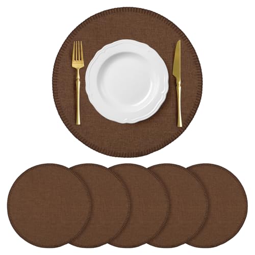 Round Placemats Set of 6, 15 Inch Linen Fabric Table Placemats, Heat Resistant, Wrinkle Free Washable Placemats Kitchen Place Mats Set of 6 for Dining Table Party Table (Coffee, 6)