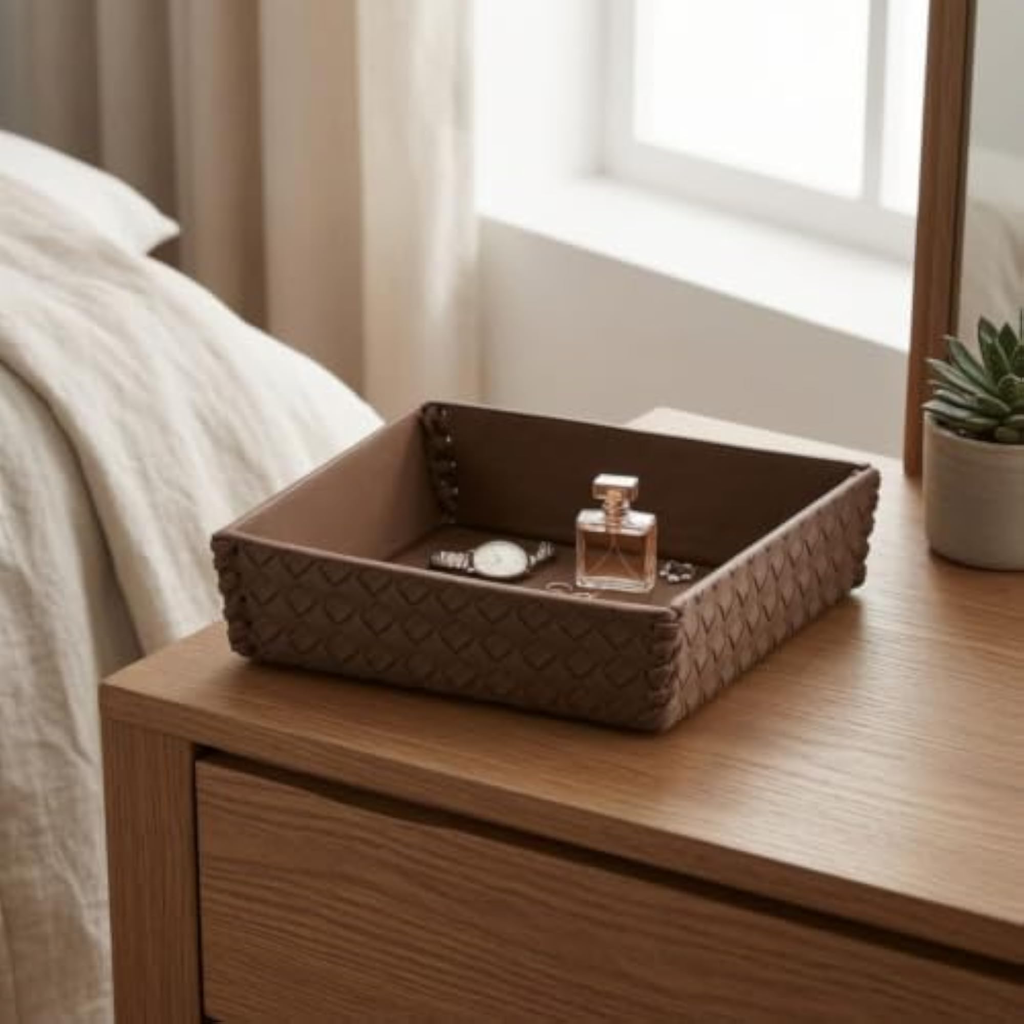 Handmade Woven Catchall Tray, Square Compact Design