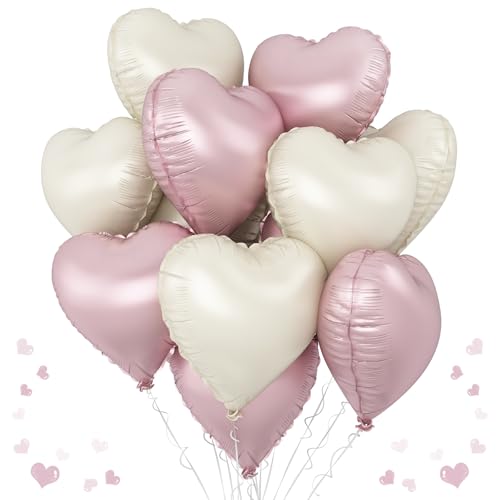 Pink White Heart Balloons, 18 Inch Baby Pink and Cream Helium Foil Heart Balloon 10Pcs Pastel Nude and Light Rosa Heart Shape Foil Balloons for Boho Girls Women Birthday Baby Shower Bridal Valentines