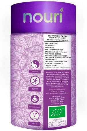 Organic Ashwagandha Capsules | 120 Capsules 500mg Extract per Serving | Nouri