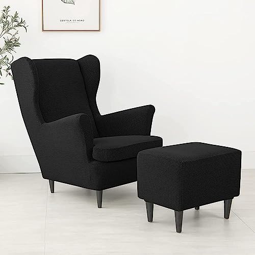 Funda protectora de terciopelo para sillón orejero y otomana en negro 4