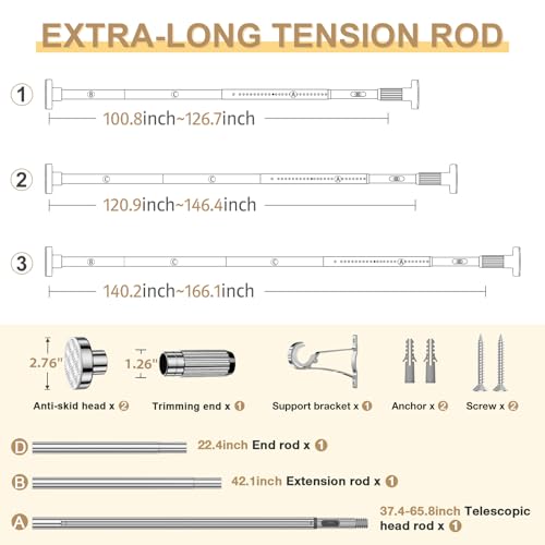 Image of Silver Tension Curtain Rod 41-166In(4-14Ft), Extra Long Outdoor Curtain Rod No Drilling for Window Patio, Shower Rod or Bathroom,Rod Diameter 1.26In-One-bond stretching