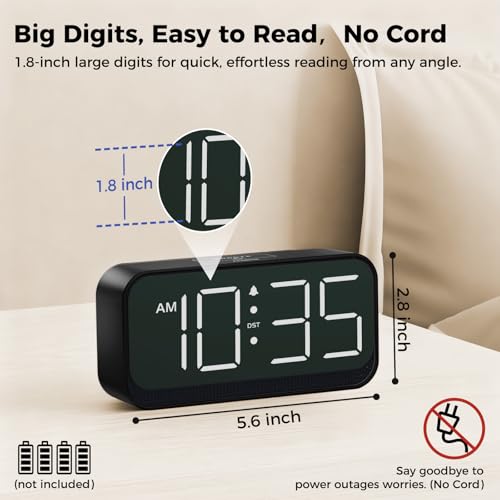 Image of Acedeck Battery Operated Digital Clock: Cordless Small Alarm Clock for Bedroom Travel - Large Numbers 4 Dimmers for All Ages White Digits