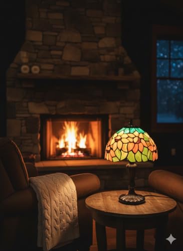 Image of Stained Glass Table Lamp, Yellow Green Floral with Antique Bronze Base, Decorative Bedside & Living Room Lamp (Free Bulb) (Design - 4) Free Bulb- 3 Color Options- Warm White, Cool White and Natural