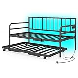 COSTWAY Canapé Lit 90 x200 /180 x 200 cm avec Éclairage LED, Lit Banquette Gigogne en Métal avec Multiprise et Prise USB, Lattes Résistantes, pour Salon, Chambre, Appartement (Noir)