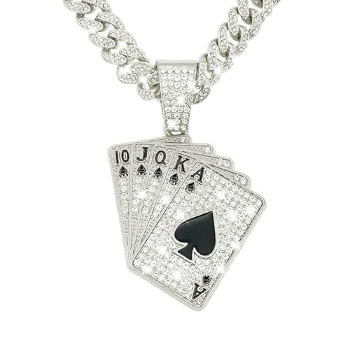 Playing card Hip-hop Cuban Chain, Pendant Miami Cuban Link Chain for Men, Gold/Silver Plated Diamond Necklace, Iced Out Hip Hop Necklace