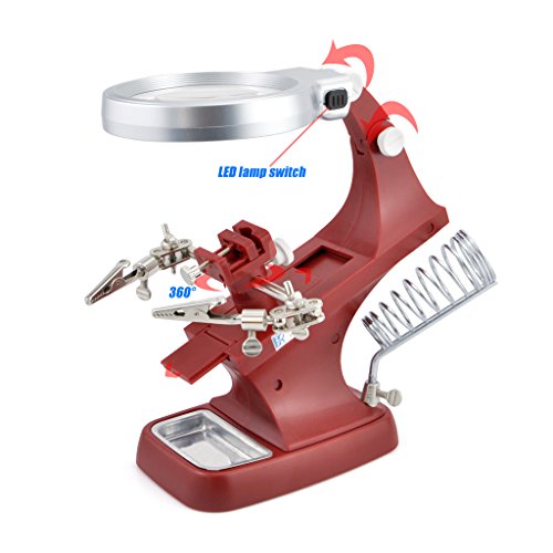OLLGEN 10 LED Lighting 3X Main Lens 4.5X Accessorial Lens White Auxiliary Alligator Clip Magnifier Third Helping Hands Soldering Solder Iron Stand (Red)