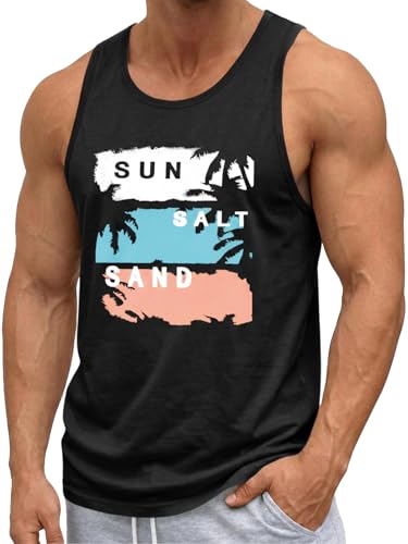 Runcati Mens Sleeveless Tank Tops Graphic Workout Muscle Gym T-Shirts Hawaiian Printed Summer Beach Vacation Tops Black