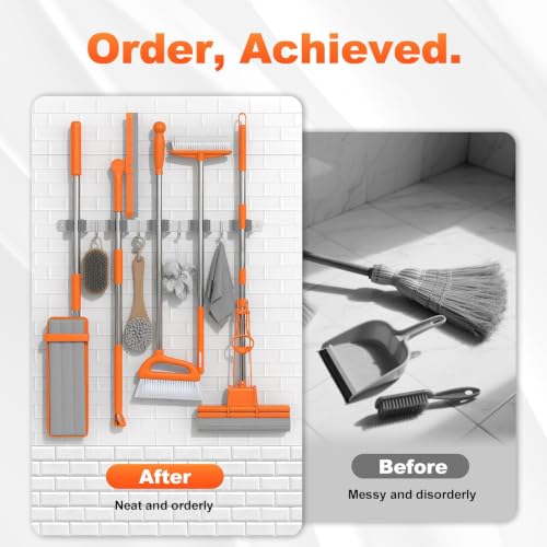 Image of Niwlix 5 Slot & 4 Hook Stainless Steel Mop and Broom Holder Wall Mount, Anti Slip Heavy Duty Waterproof Broom Hanger Stand Organizer Tool for Kitchen Home Garden Bathroom Garage