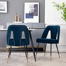 Dining Chairs Set of 2, Modern Velvet Tufted Upholstered Accent Chair with Nailhead Trim and Gold Tips & Black Metal Legs, Mid-hollow Back Leisure Chair for Dining Room, Living Room, Blue