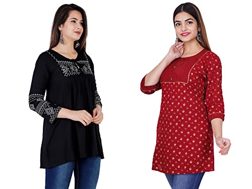 Image of Shiva Fab Short Kurti for Women | Embroidered Straight Rayon Kurta | Round Neck Full Sleeves Short Kurti for Women's Combo Pack of 2
