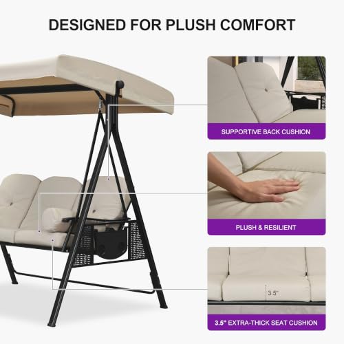 Image of PURPLE LEAF 3-Seat Porch Swing Outdoor w /Cushion & Canopy, Cream Beige