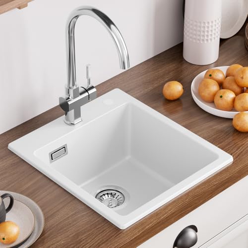 Auralum Fregadero con grifería de granito blanco 40 x 45 cm + grifo de cocina cromado