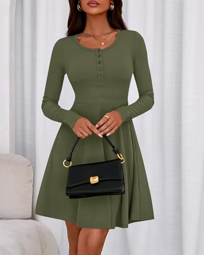 Image of BTFBM Casual Fall Dresses for Women 2025 Long Sleeve Ribbed Button Down Empire Waist A Line Winter Wedding Guest Dress