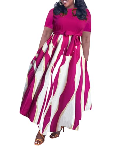 Image of Hostoyo Women Plus Size Formal A Line Maxi Dress Self Tie Waist with Pockets Elegant Round Neck Swing Long Dresses