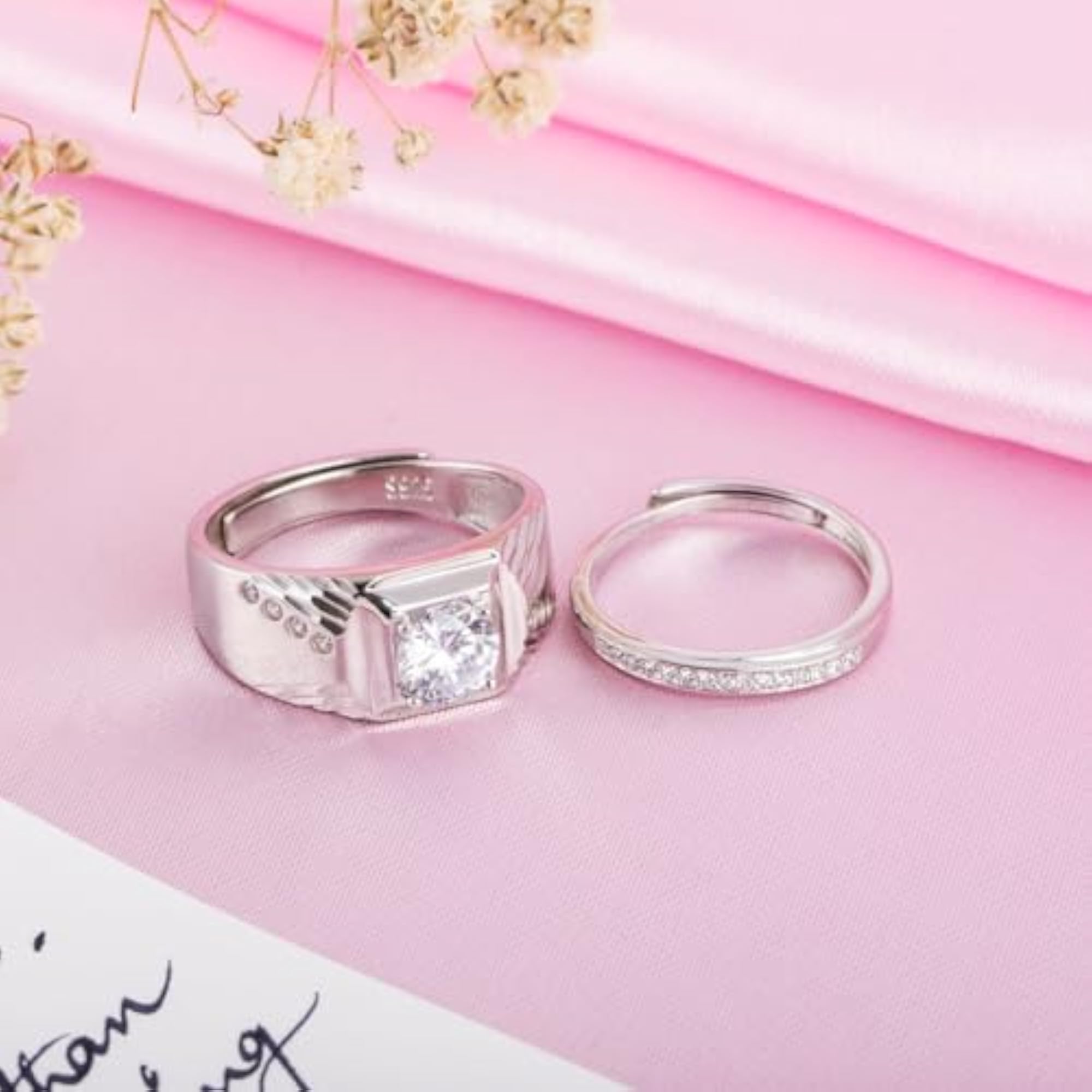 Couple's 925 Sterling Silver Solitaire & Cubic Zirconia Rings Set