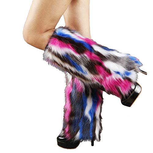 Image of Tie Dye Women Furry Leg Warmers Faux Fur Boot Covers Fluffies Cuffs, 15.7 inch Tall