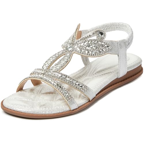 Image of iCKER Womens Rhinestone Strappy Flat Sandals Elastic Ankle Strap Open‑Toe | Sparkling,for wedding,party,evening dates,special occasion,Vacation,Formal
