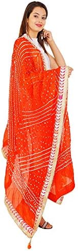 Kalpit Creations Women's Jaipuri Rajasthani Silk Bandhani Bandhej Multi-Colored Heavy Dupatta with Gota Work and latkan, Orange, Free Size