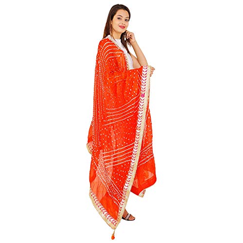Kalpit Creations Women's Jaipuri Rajasthani Silk Bandhani Bandhej Multi-Colored Heavy Dupatta with Gota Work and latkan, Orange, Free Size