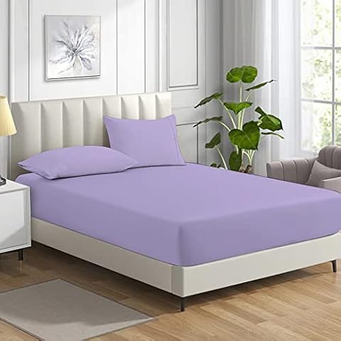 MistyMorning Fitted Sheet, Soft & Premium quality Bedding & Linen, 11''/28cm deep sheet, 100% Egyptian Cotton with 200 Thread Count. (Lilac, Double) Cover