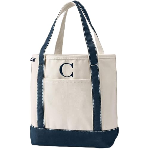 Lands' End Pre-Monogram Letter C Canvas Pocket Tote Natural/radiant Navy Medium