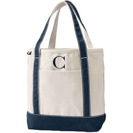 Lands' End Pre-Monogrammed Letter C Canvas Tote Bag Medium Regular Handle C - Natural/Navy