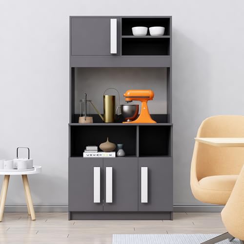 Image of Bniture Multipurpose Kitchen Cabinet | Engineered Wood Crockery Cabinet Modern with 4 Doors and Open Shelves | Crockery Unit for Dining Area | Kitchen Crockery Cabinet for Home | Slate Grey