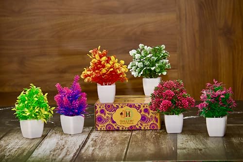 Image of JH Gallery Artificial Flowers, Small Indoor Potted Houseplants for Home Decor, Decoration Items for Living Room, Office and Bedroom, Artificial Plants with Pot (Pack of 6)