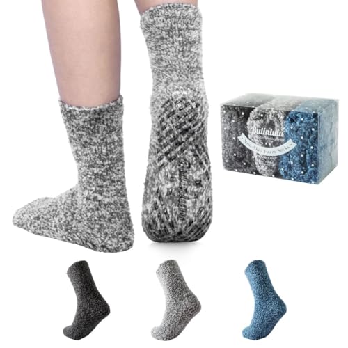 Bulinlulu Fuzzy Socks for Women with Grips Plush Fuzzy Socks Sleep Cozy socks Sleep Socks Winter Soft Fluffy Sock, 3 Pairs Supersoft B, 8-13