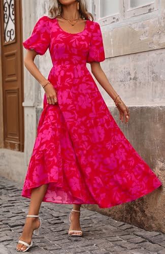 Image of BTFBM Casual Women Summer Dresses 2024 Puff Sleeve Floral Maxi Dresses Smocked Backless Flowy Tiered Beach Long Dress