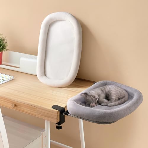 Cat Desk Bed, Cat Desk Perch with 2 Replaceable Covers,90° Foldable Faux Fur Fabric Soft Cover, Steel Frame Supports 50 lbs, Removable & Washable, Grey-White