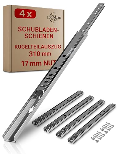 LouMaxx Schubladenschienen 310mm 17mm Nut 2 Paar (links/rechts) Auszugsschienen mit Ausrollsicherung Schubladenauszug für Holzschubladen mit 17mm Führung einfache Montage inkl. Schrauben