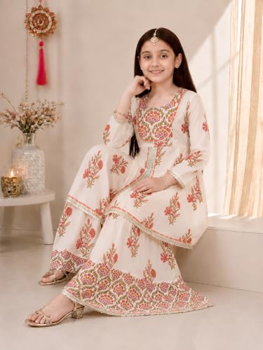 Image of Preneum Girls's Cotton Rayon Gota Pati Multi Floral Printed Angrakha Kurta with Sharara & Dupatta