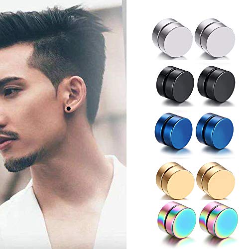 Tuqia 5 Pairs 10Mm Stainless Steel No Piercing Strong Magnetic Stud Earrings Set For Men Women, Clip On Fake Gauges Plugs Tunnel Magnet Stud Earrings For Boys #TOP1