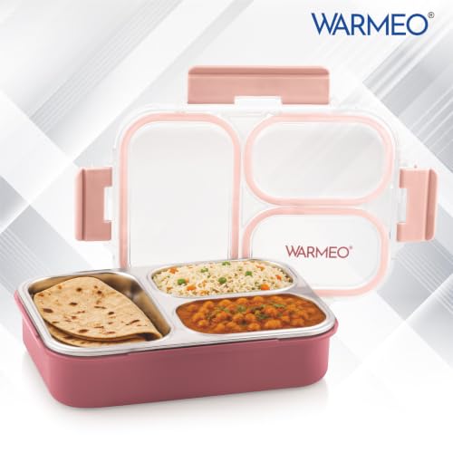 Image of WARMEO BENTO Microwave-Safe Stainless Steel Lunchbox with 3 compartments,bpa Free,Perfect for Office, School, Travelling, 750ml-Pink