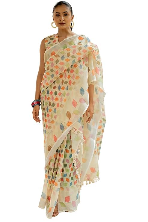 Image of RAJESHWAR FASHION WITH RF Soft Linan Cotton Summer collection rose digital print Traditional look saree beige
