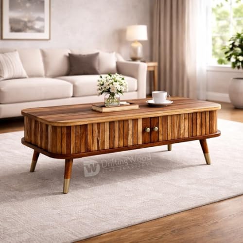 Image of DRIFTINGWOOD Travor Solid Sheesham Wood Coffee Table with Storage | Center Table for Living Room | Tea Table with Sliding Doors and 2 Compartments | Natural Finish
