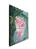 Fixation murale fournie Générique Tableau Original à l’Huile – Orchidées Roses dans Forêt Tropicale – Art Contemporain Signé – Technique du Glacis – 50×40 cm – Œuvre Unique Fait Main en France
