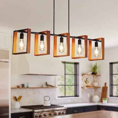 HUMHOLD 5-Light Kitchen Island Lights Pendant Light Farmhouse Dining Room Light Fixture, Rustic Wood and Black Metal Rectangular Chandelier, Hanging Lighting for Living Room, Bar