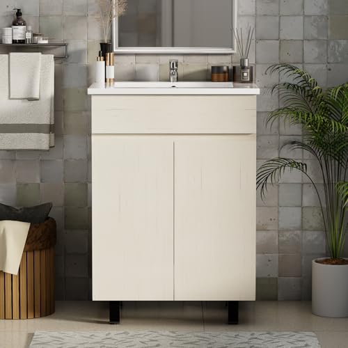 Chyanmoo 24 Inch Bathroom Vanity with Sink,Modern Freestanding 2-Door Bathroom Sink Cabinet with Soft-Close & Adjustable Shelf, Space-Saving Vanity with Sink for Bathrooms, Bathroom Cabinet White
