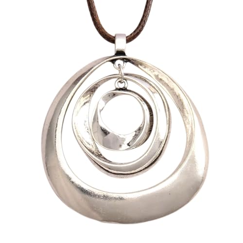 JAOYU Chunky Circle Necklace for Women Boho Silver Pendant Layered Leather Rope Necklace Long Sweater Necklaces Adjustable Vintage Style