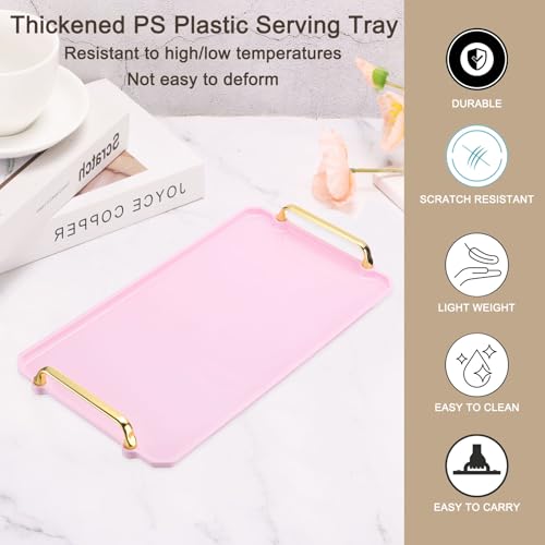 PATIKIL 16.1 x 8.7 Inches Plastic Serving Tray with Golden Handles, Reusable Tray Rectangular Party Platters for Dessert Coffee Tea Table, Living Room Kitchen Countertop, Pink by PATIKIL - Image 3