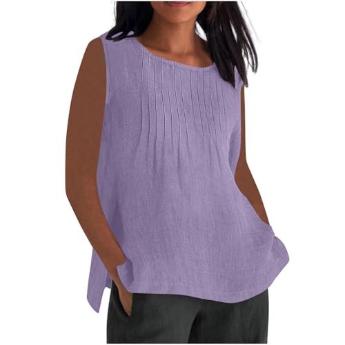 RLEHJN Musselin Tank Top Damen,Lang Trägertop Locker T-Shirt Lässige Baumwoll Leinen Tanktops Sommer Plissierte Ärmelloses Tunika Leichte Damen T-Shirt Strand Vest Blusentop Übergröße S-5XL