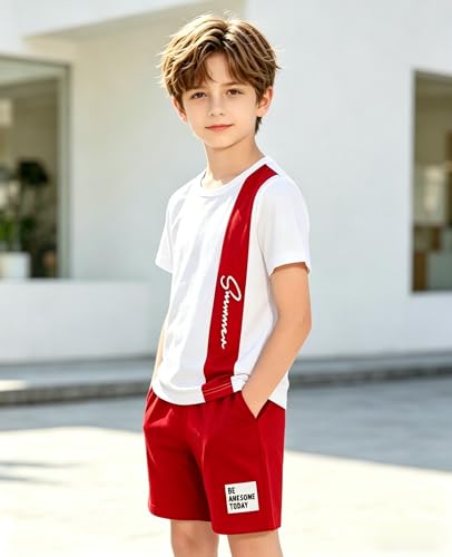 Image of Ayzozuy Boy Clothes Colorblock Top + Drawstring Waist Shorts 2 Pieces Kid Summer Outfits Set