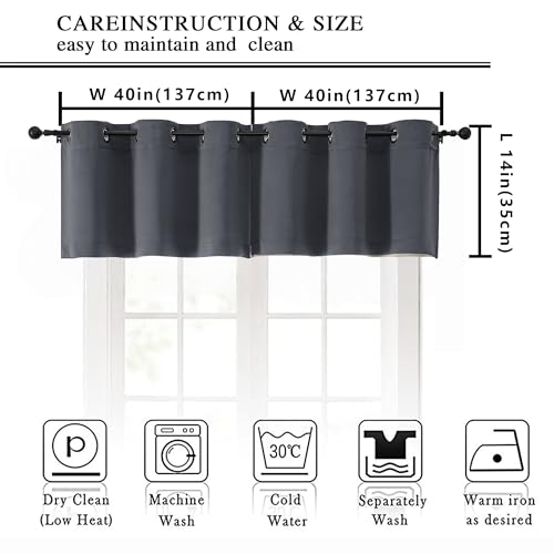 Image of Simplebrand Grey Window Valance for Kitchen 14 Inches Long 2 Panels Set, Room Darkening Valance Curtains for Living Room, Grommet Short Privacy Kitchen Curtains for Bedroom Kids Room, 40Wx14L