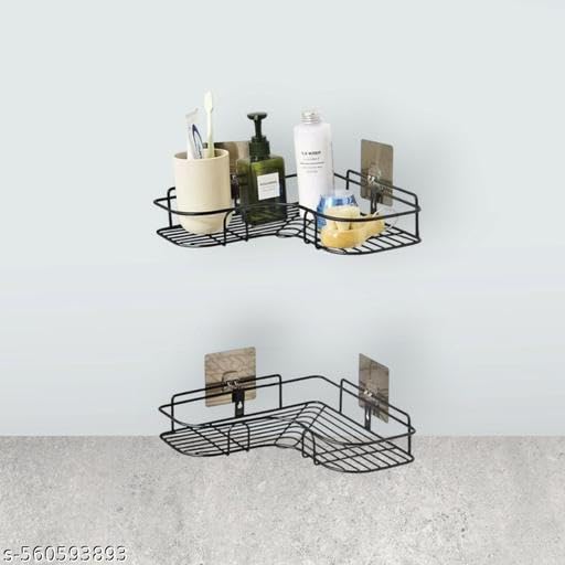 Image of Wall Mounted Self-Adhesive Bathroom Corner Shelf /Kitchen Rack & Holder - Bathroom Accessories (Material-GI Metal, Powder Coated Finish, Black, L Shape Pack of 2)